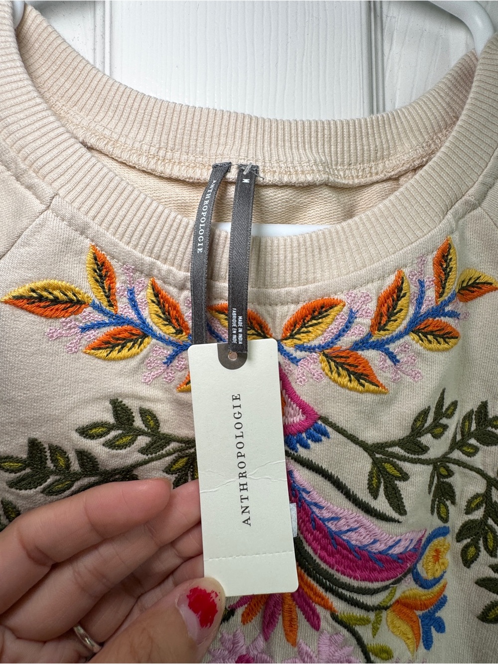 Anthropologie Cream Embroidered Floral Crewneck Sweatshirt - Picture 8 of 8